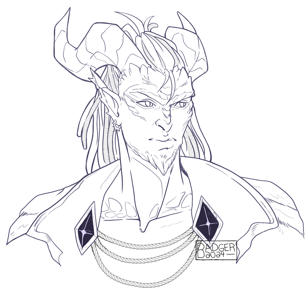 a digital sketch of a dracthyr in visage form from the game world of warcraft. he has fine elvish features accented with draconic scales and curving horns