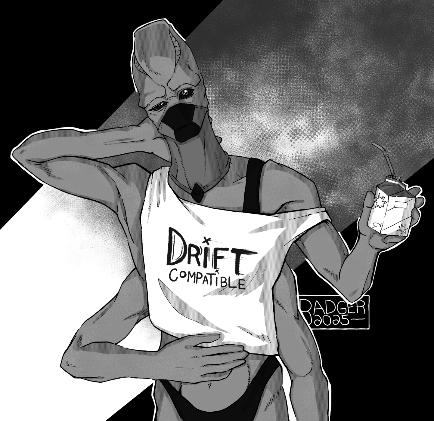kasatha are a four-armed species of alien from the starfinder rpg system, this one has been bothered in the middle of her morning beverage, a carton of juice with a bendy straw in it