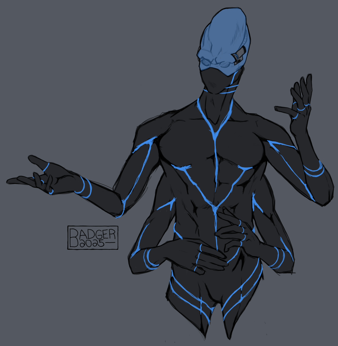 a four-armed kasatha from the tabletop rpg starfinder, wearing a black and blue tight-fitting space suit with a clear blue helmet