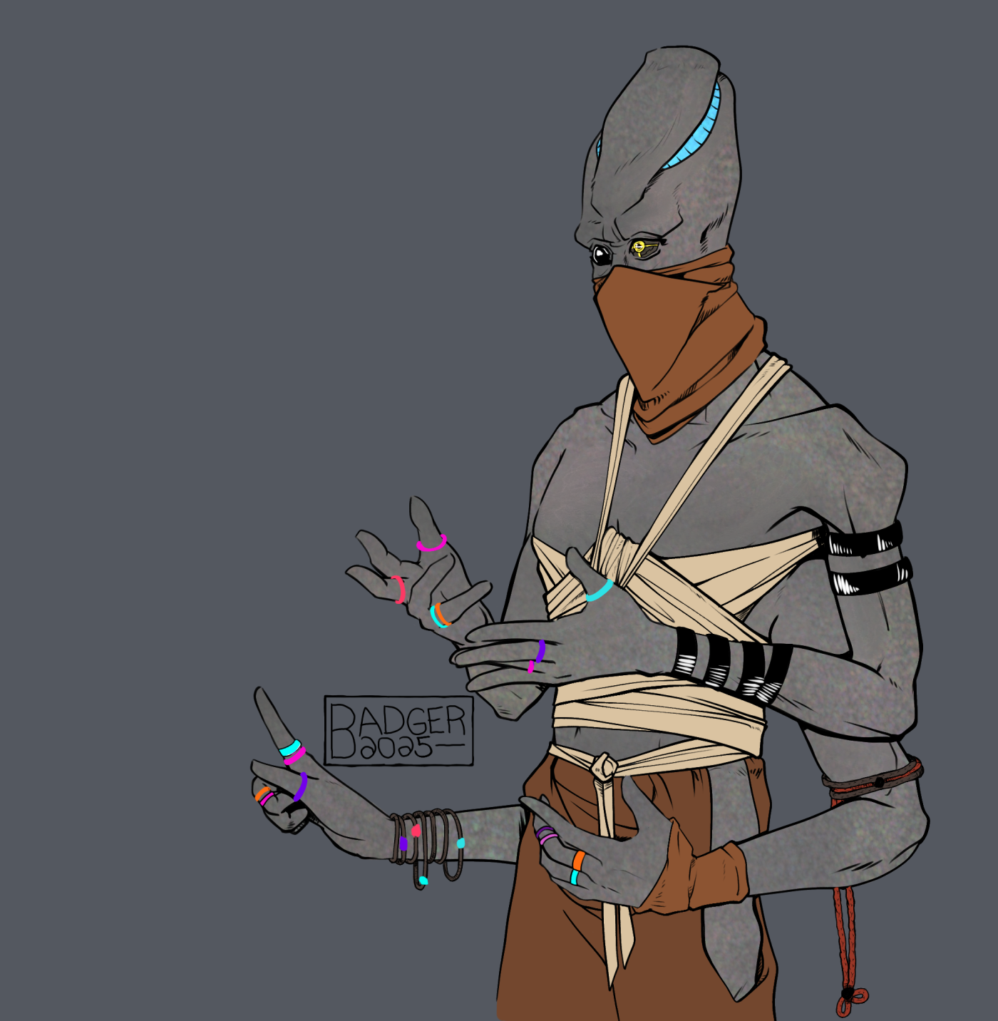 the same kasatha as previous but in casual wear consisting of a lot of bandages in earth tones (kasatha are desert-dwelling people)