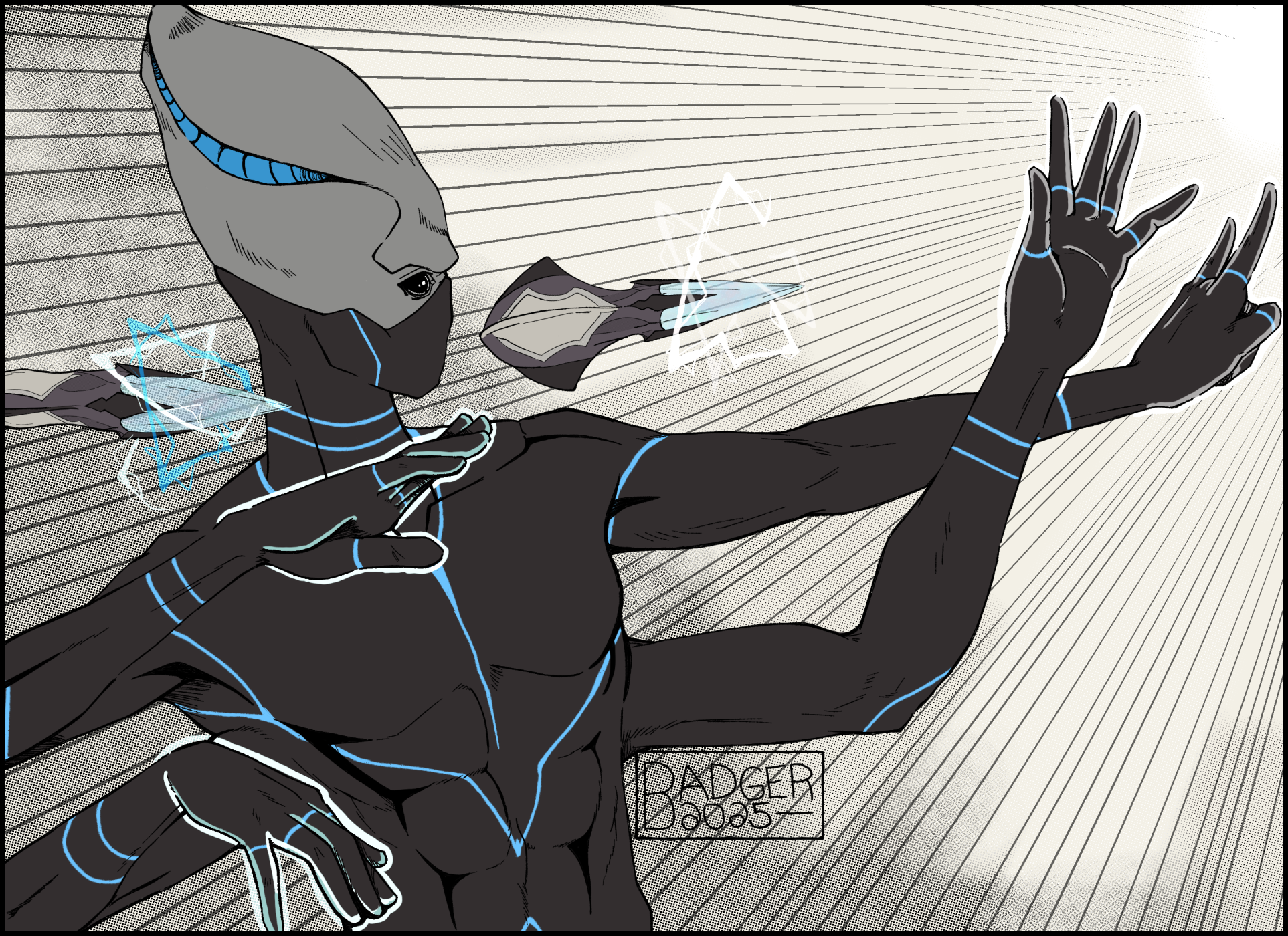 kasatha are a four-armed species of alien from the starfinder rpg system. this one is using two crystalline attenuators to fire a blast of lightning and metal