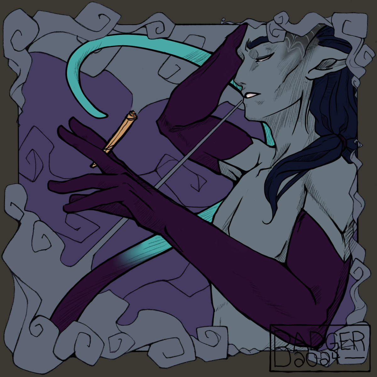 my baldur's gate 3 character, a tiefling named azraphyr, smoking a blunt